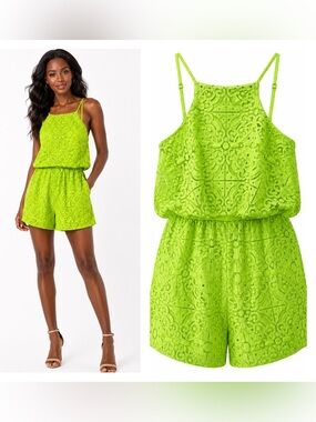 $188 Lilly Pulitzer Lime Tic Tac Tile Lace Celyn Romper 4 23446